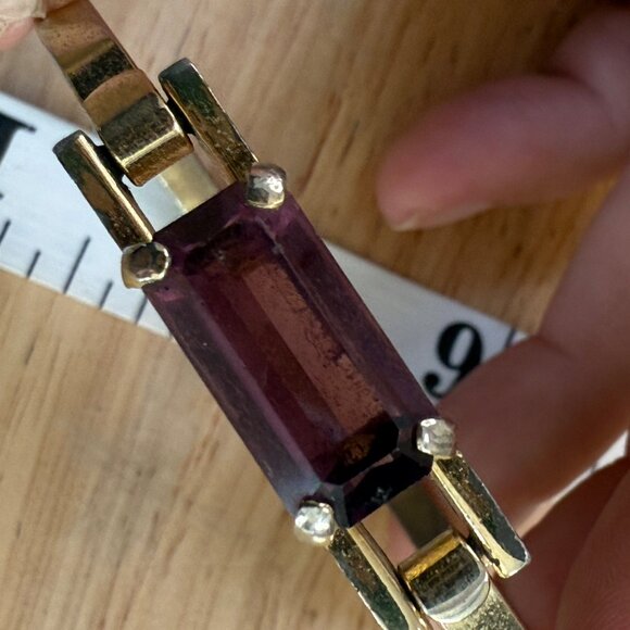 Vintage Avon Gold-Tone Hinged Bracelet With Rectangular Purple Gemstone - Picture 9 of 12